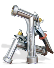 gilmore supreme hose head has a solid brass valve stem with permanent adjusting nut and hold-open clip for continuous spraying